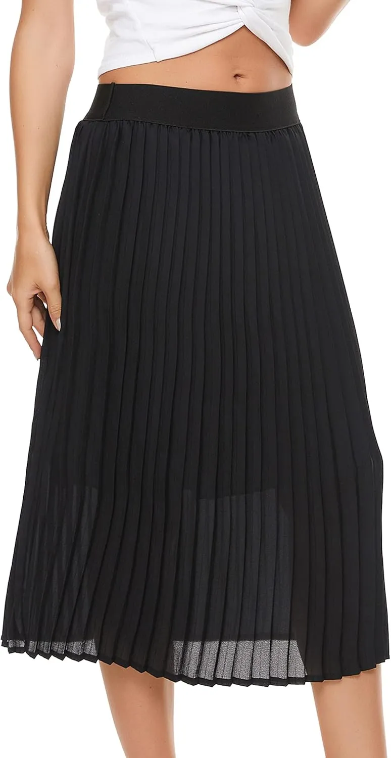 Womens Pleated Midi Skirt,High Waist Swing Boho Pleated Skirt Casual Chiffon Elastic A-line Long Skirts