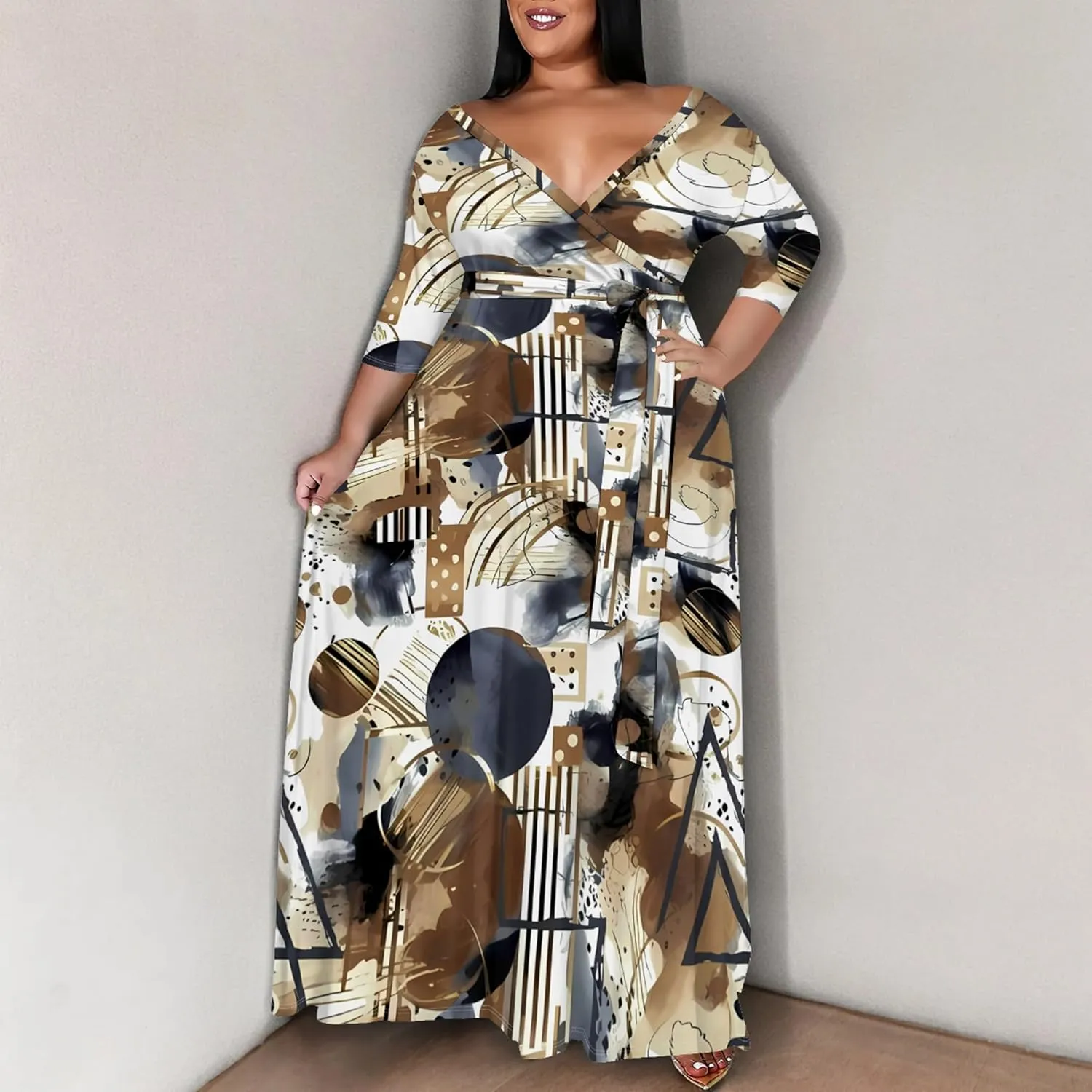 Women's Plus Size Maxi Dress Print 3/4 Sleeves V Neck Party Sundress Wedding Guest Dresses