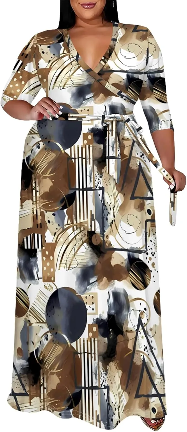 Women's Plus Size Maxi Dress Print 3/4 Sleeves V Neck Party Sundress Wedding Guest Dresses