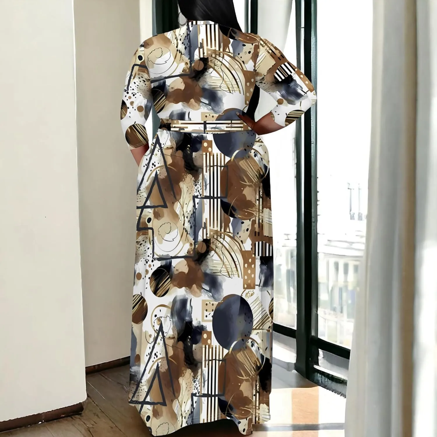 Women's Plus Size Maxi Dress Print 3/4 Sleeves V Neck Party Sundress Wedding Guest Dresses