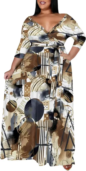 Women's Plus Size Maxi Dress Print 3/4 Sleeves V Neck Party Sundress Wedding Guest Dresses