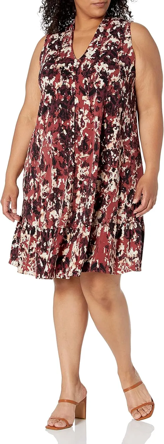 Women's Plus Size Sleeveless V-Neck Floral Print A-line Ruffle Skirt Jersey Dress