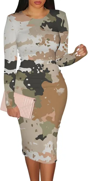 Women's Sexy Long Sleeve Bodycon Wrap Dresses Fall Casual Floral Print Knit Evening Cocktail Party Club Midi Dress