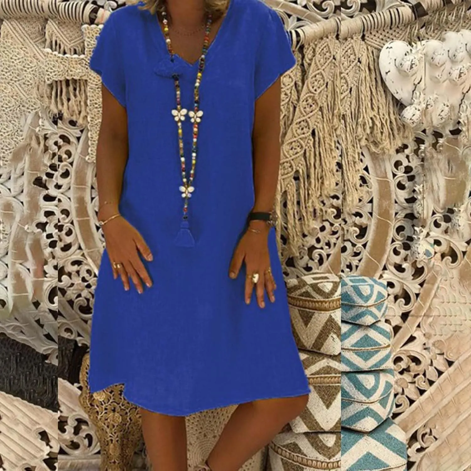 Womens Slim Dresses 2025 Ladies Summer Solid Cotton Linen Short Sleeve V-Neck Plus Size Mid-Calf Dress