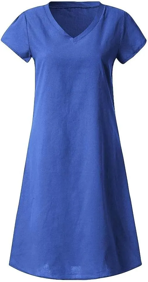 Womens Slim Dresses 2025 Ladies Summer Solid Cotton Linen Short Sleeve V-Neck Plus Size Mid-Calf Dress