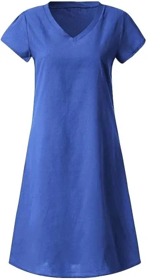 Womens Slim Dresses 2025 Ladies Summer Solid Cotton Linen Short Sleeve V-Neck Plus Size Mid-Calf Dress