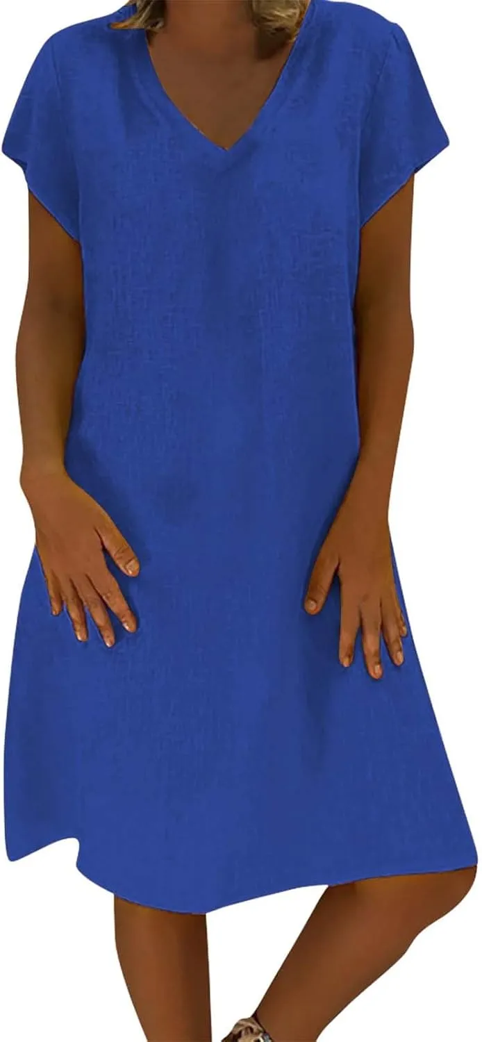 Womens Slim Dresses 2025 Ladies Summer Solid Cotton Linen Short Sleeve V-Neck Plus Size Mid-Calf Dress