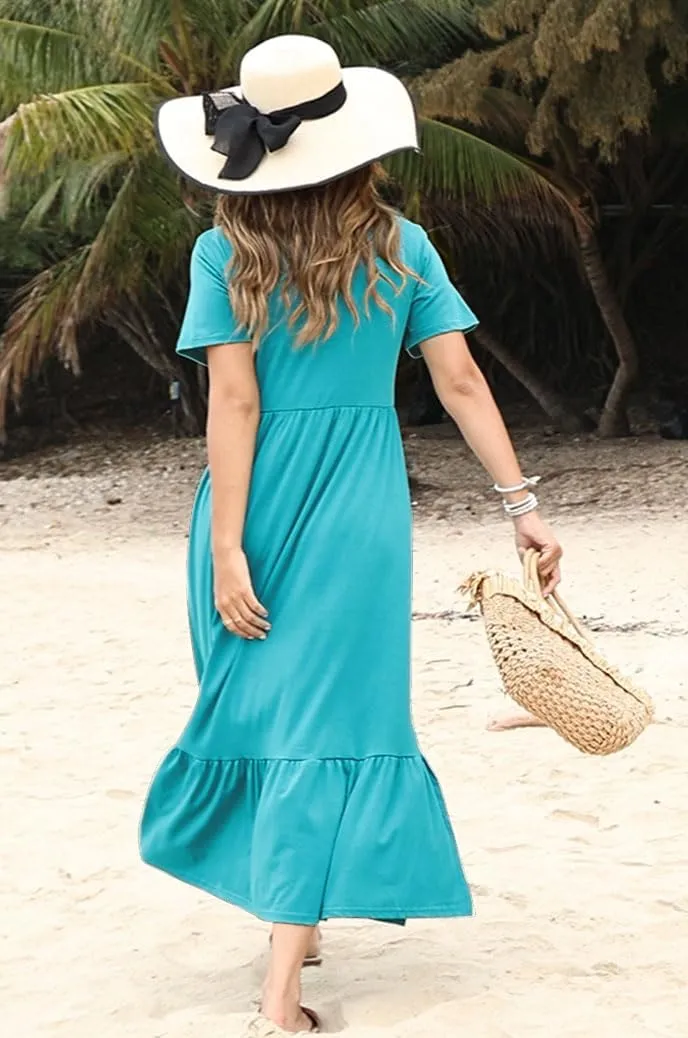 Women's Smocked Elastic Waist Tiered Midi Dress Short Sleeve Swing Summer Maxi Beach Sundress with Hem Side Split