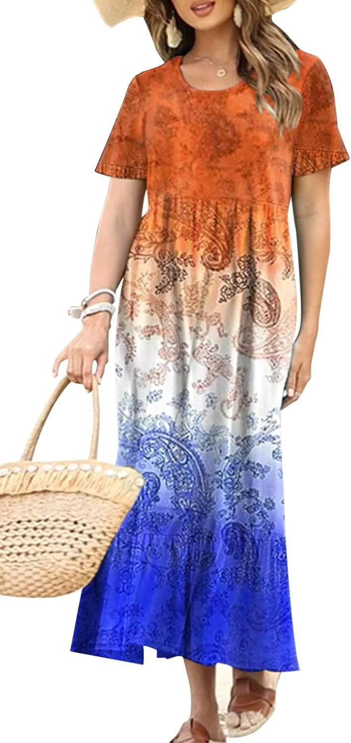 Women's Smocked Elastic Waist Tiered Midi Dress Short Sleeve Swing Summer Maxi Beach Sundress with Hem Side Split