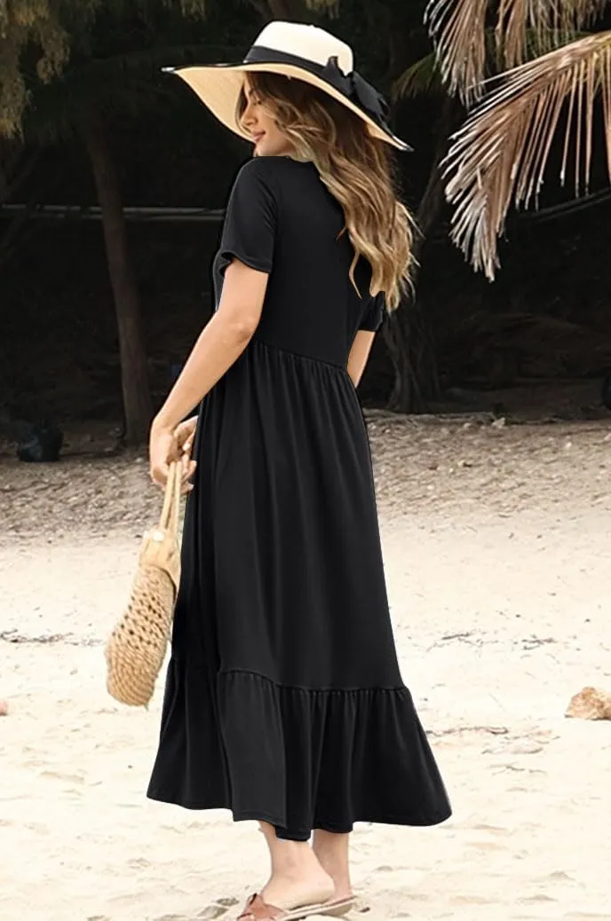 Women's Smocked Elastic Waist Tiered Midi Dress Short Sleeve Swing Summer Maxi Beach Sundress with Hem Side Split