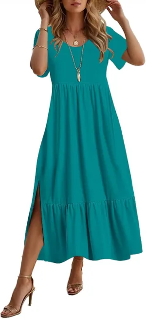 Women's Smocked Elastic Waist Tiered Midi Dress Short Sleeve Swing Summer Maxi Beach Sundress with Hem Side Split