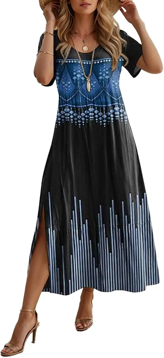 Women's Smocked Elastic Waist Tiered Midi Dress Short Sleeve Swing Summer Maxi Beach Sundress with Hem Side Split