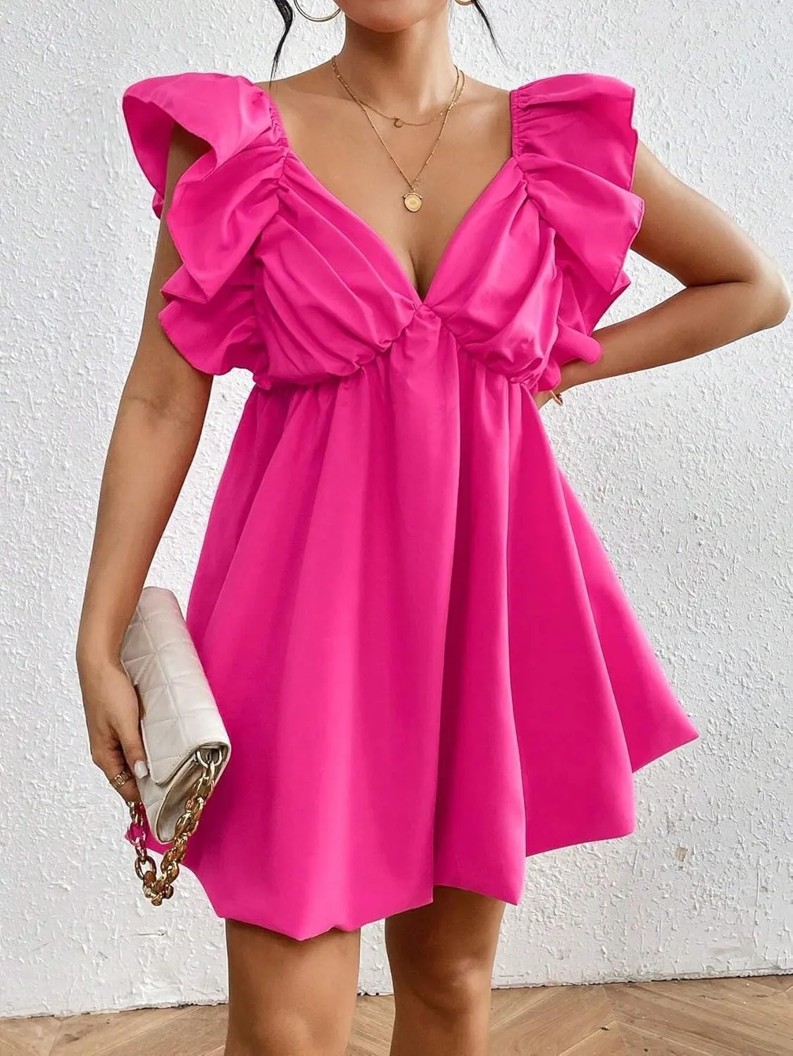 Women's Solid Color Back-Tied Ruffle Edged Dress Vacation Beach Outfits Backless Fashion Short Dresses for Women