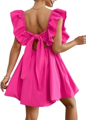 Women's Solid Color Back-Tied Ruffle Edged Dress Vacation Beach Outfits Backless Fashion Short Dresses for Women