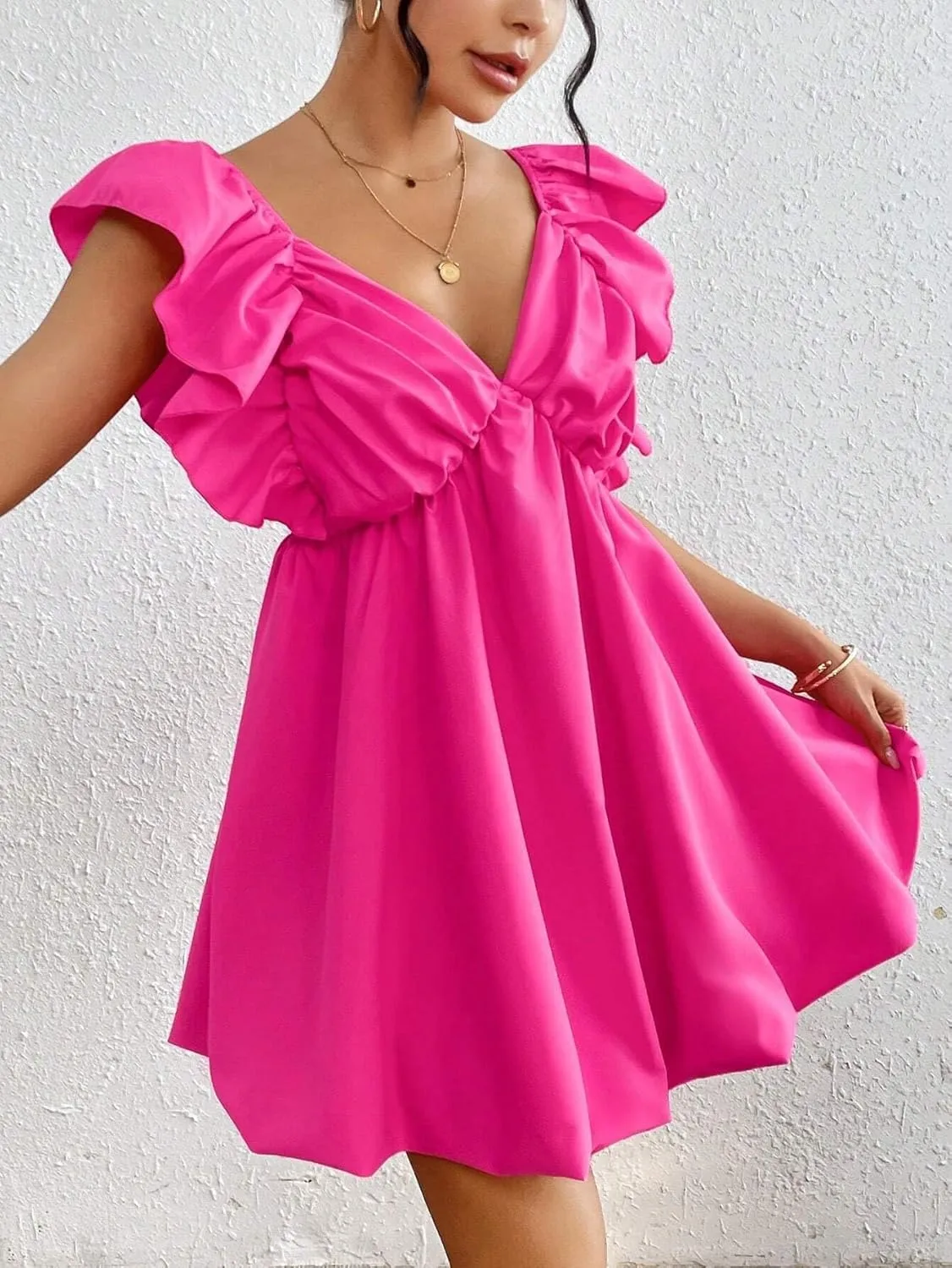 Women's Solid Color Back-Tied Ruffle Edged Dress Vacation Beach Outfits Backless Fashion Short Dresses for Women