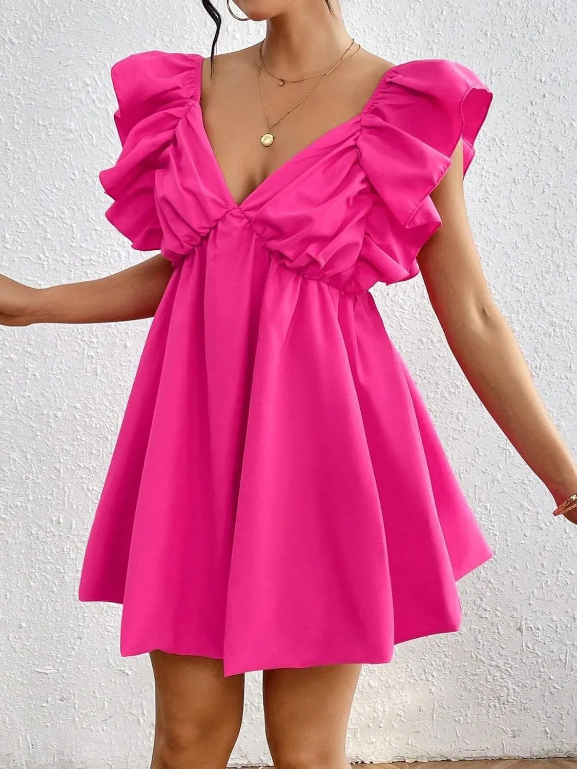 Women's Solid Color Back-Tied Ruffle Edged Dress Vacation Beach Outfits Backless Fashion Short Dresses for Women