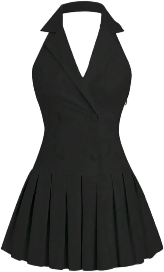 Women's Solid Color Daily Halter Neck Dress Backless Fashion Short Dresses for Women