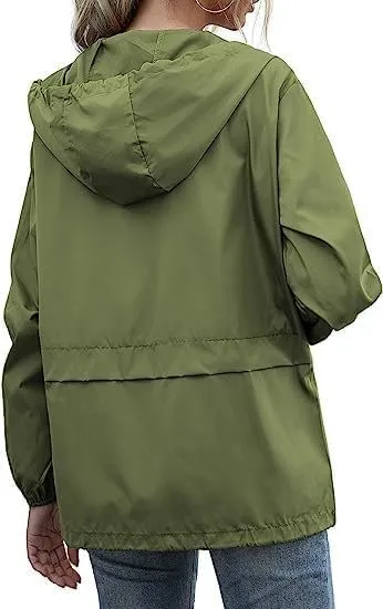 Womens Spring Jacket Waterproof Raincoat Lightweight Rain Jacket Hooded Windbreaker Outerwear with Pockets