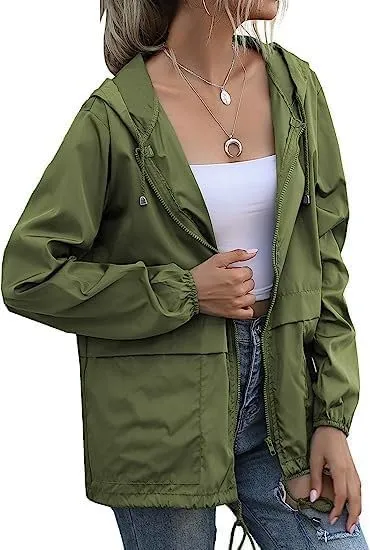 Womens Spring Jacket Waterproof Raincoat Lightweight Rain Jacket Hooded Windbreaker Outerwear with Pockets