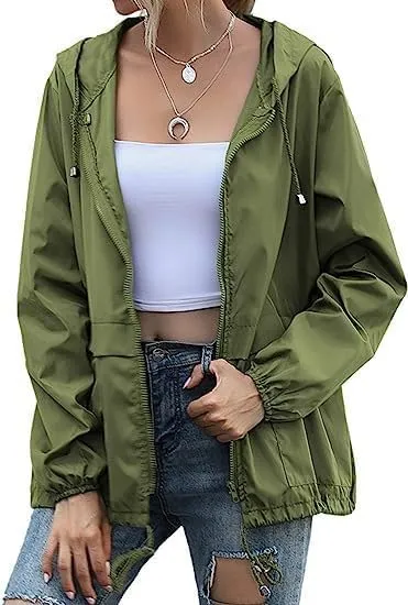 Womens Spring Jacket Waterproof Raincoat Lightweight Rain Jacket Hooded Windbreaker Outerwear with Pockets