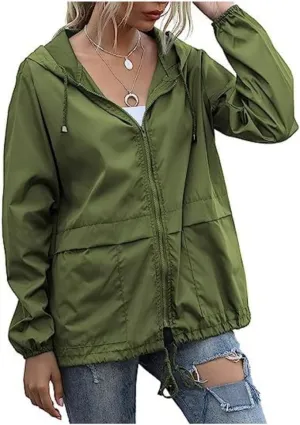 Womens Spring Jacket Waterproof Raincoat Lightweight Rain Jacket Hooded Windbreaker Outerwear with Pockets