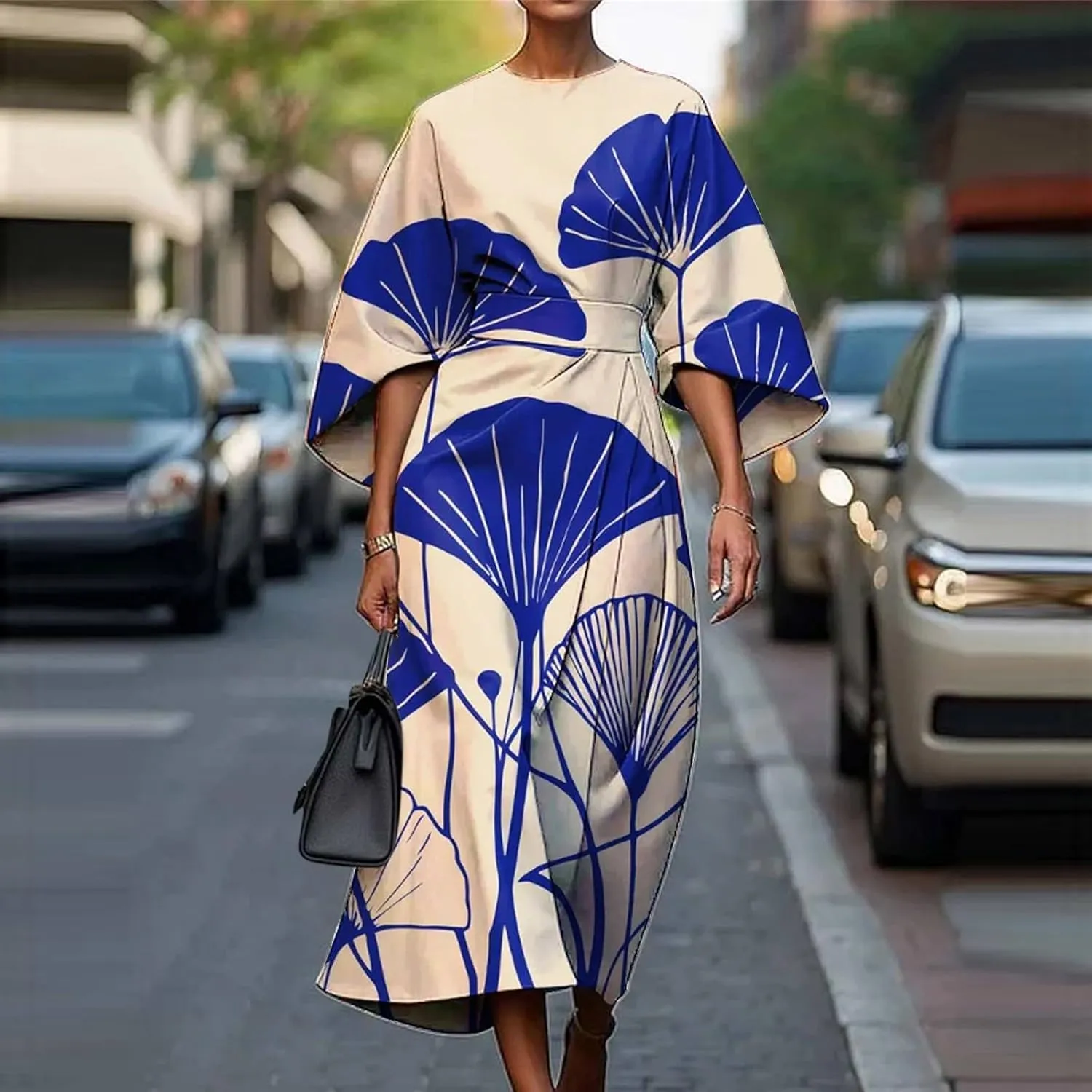 Women's Spring Summer Dress Elegant Floral Print Empire Waist Sundress Crew Neck Loose Half Sleeve Maxi Dresses