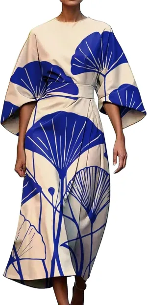 Women's Spring Summer Dress Elegant Floral Print Empire Waist Sundress Crew Neck Loose Half Sleeve Maxi Dresses