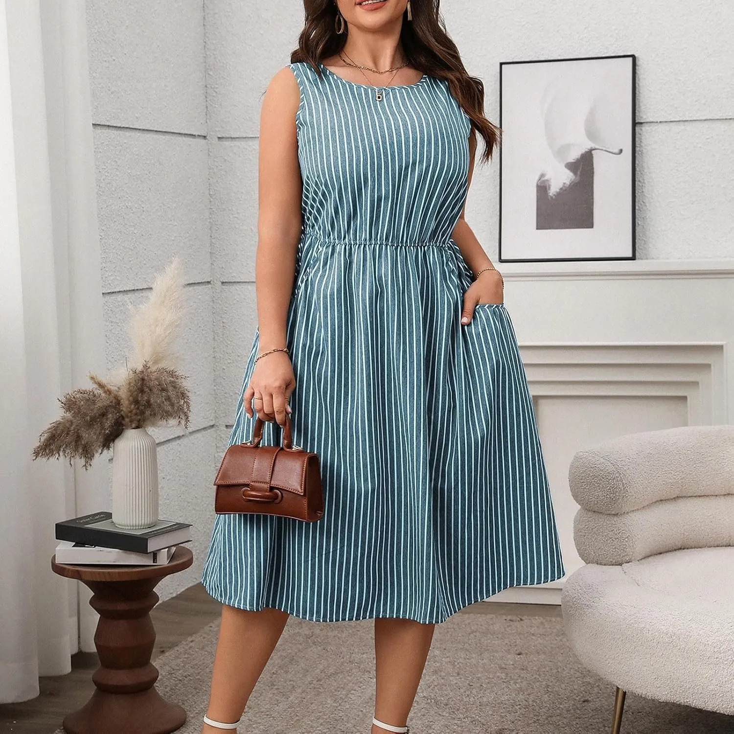 Womens Summer Casual Dresses Plus Size Striped Sleeveless Drawstring Waist Scoop Neck Swing Midi Dress with Pockets