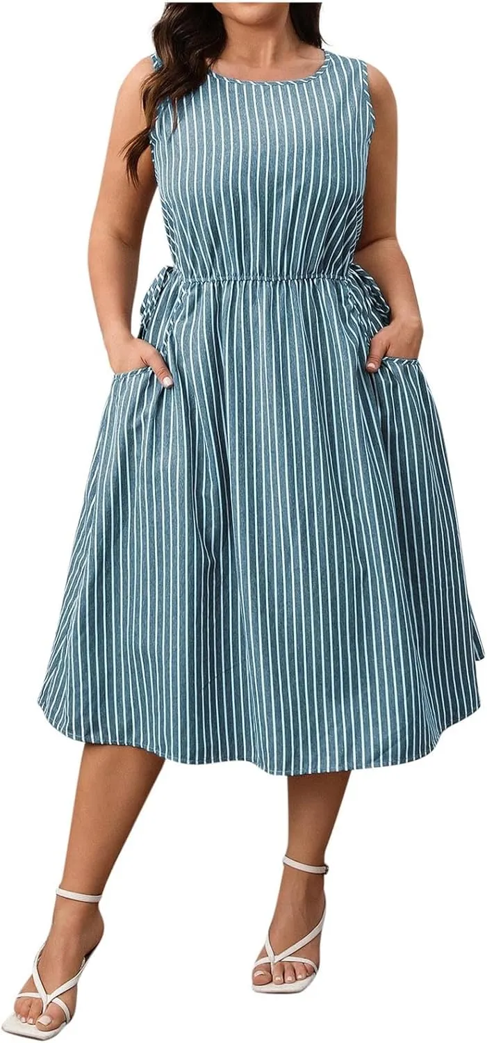 Womens Summer Casual Dresses Plus Size Striped Sleeveless Drawstring Waist Scoop Neck Swing Midi Dress with Pockets