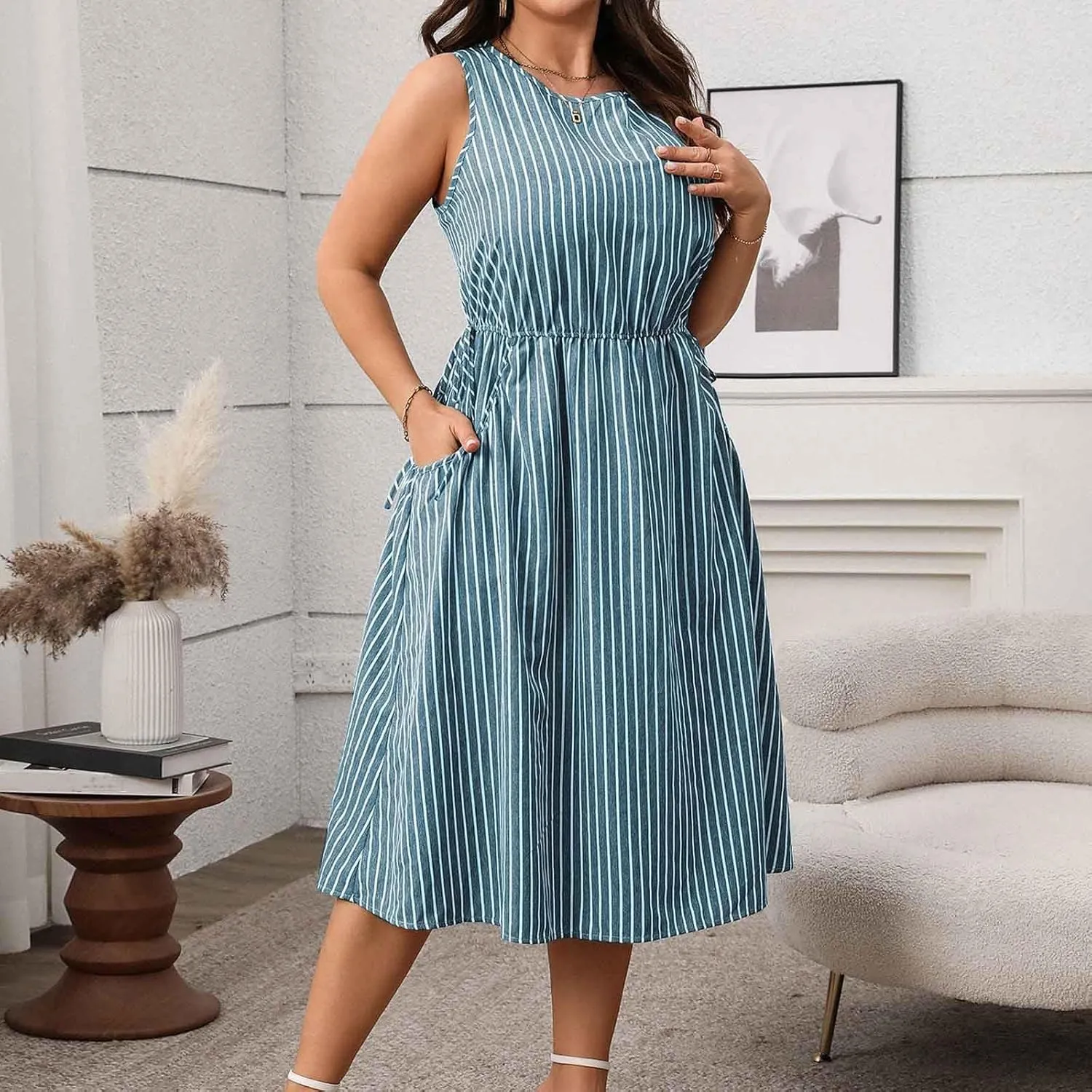 Womens Summer Casual Dresses Plus Size Striped Sleeveless Drawstring Waist Scoop Neck Swing Midi Dress with Pockets
