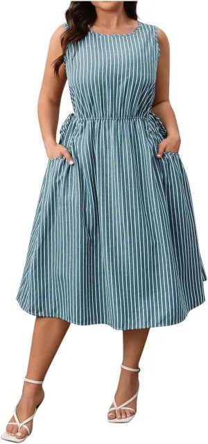 Womens Summer Casual Dresses Plus Size Striped Sleeveless Drawstring Waist Scoop Neck Swing Midi Dress with Pockets
