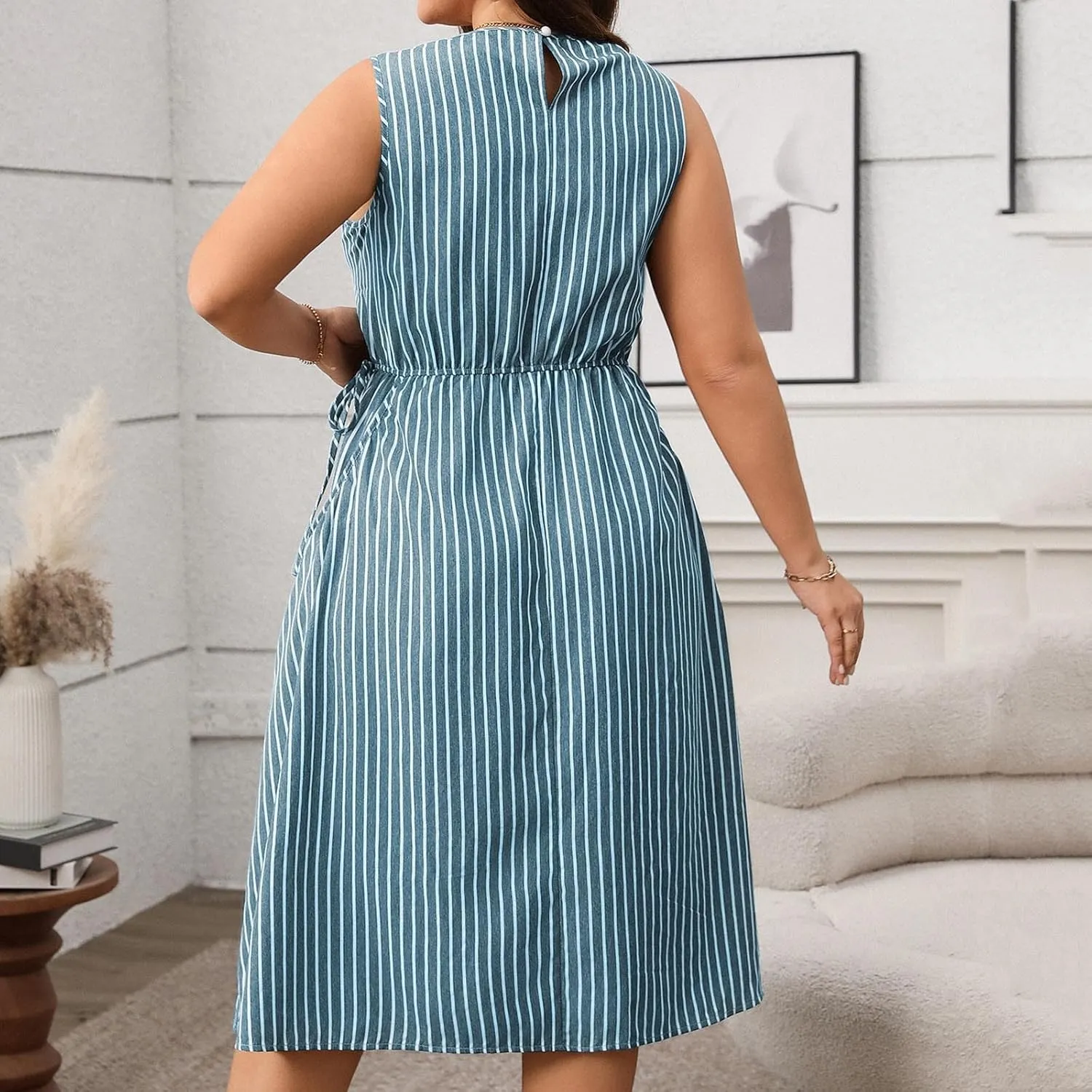 Womens Summer Casual Dresses Plus Size Striped Sleeveless Drawstring Waist Scoop Neck Swing Midi Dress with Pockets