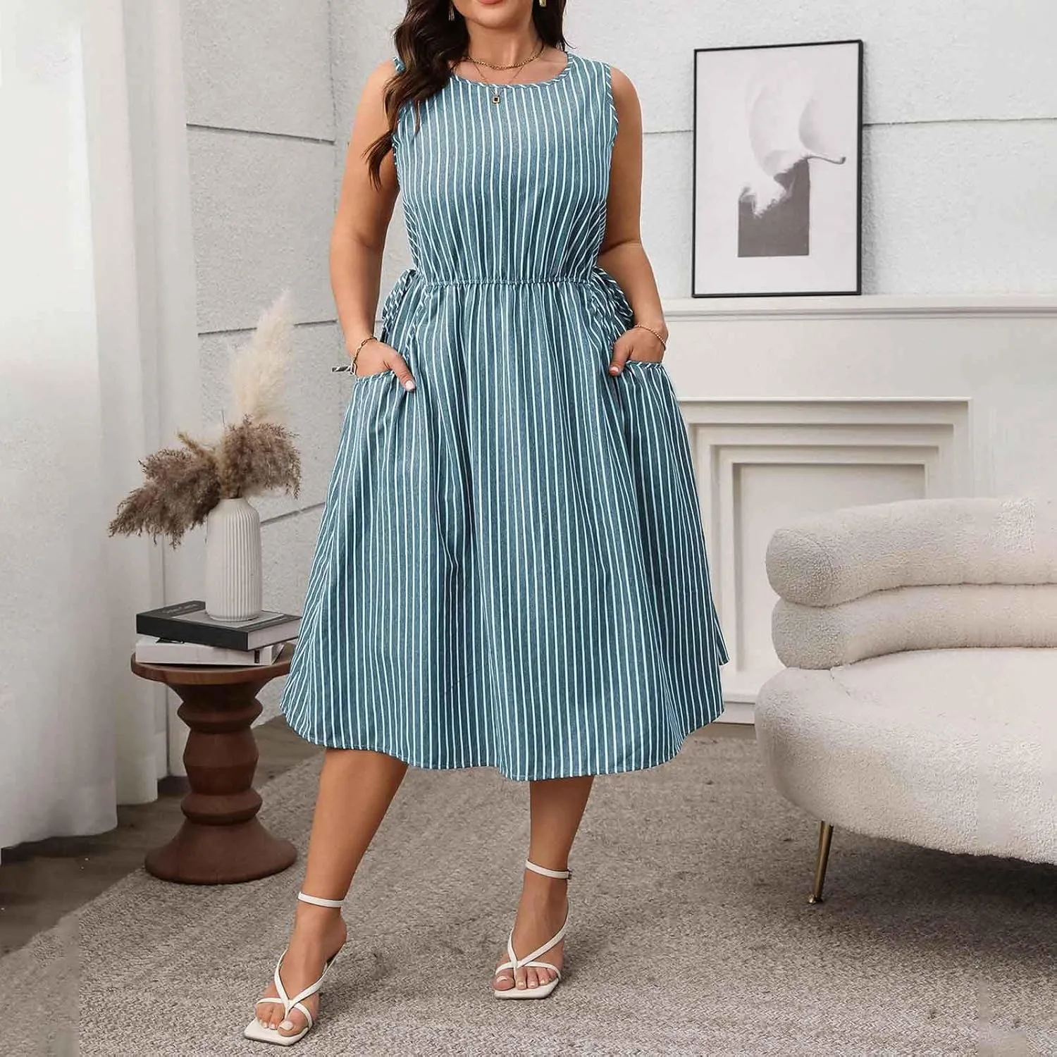 Womens Summer Casual Dresses Plus Size Striped Sleeveless Drawstring Waist Scoop Neck Swing Midi Dress with Pockets