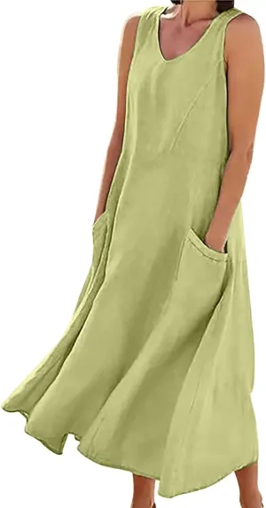 Women's Summer Cotton Linen Long Dress Sleeveless Elegant Flowy Dresses Plus Size Loose Comfy Dresses with Pockets
