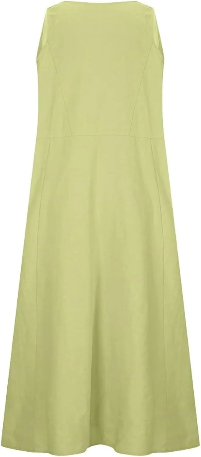 Women's Summer Cotton Linen Long Dress Sleeveless Elegant Flowy Dresses Plus Size Loose Comfy Dresses with Pockets