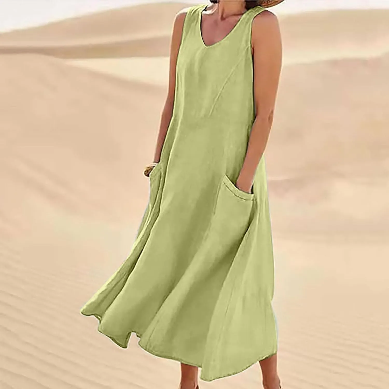 Women's Summer Cotton Linen Long Dress Sleeveless Elegant Flowy Dresses Plus Size Loose Comfy Dresses with Pockets