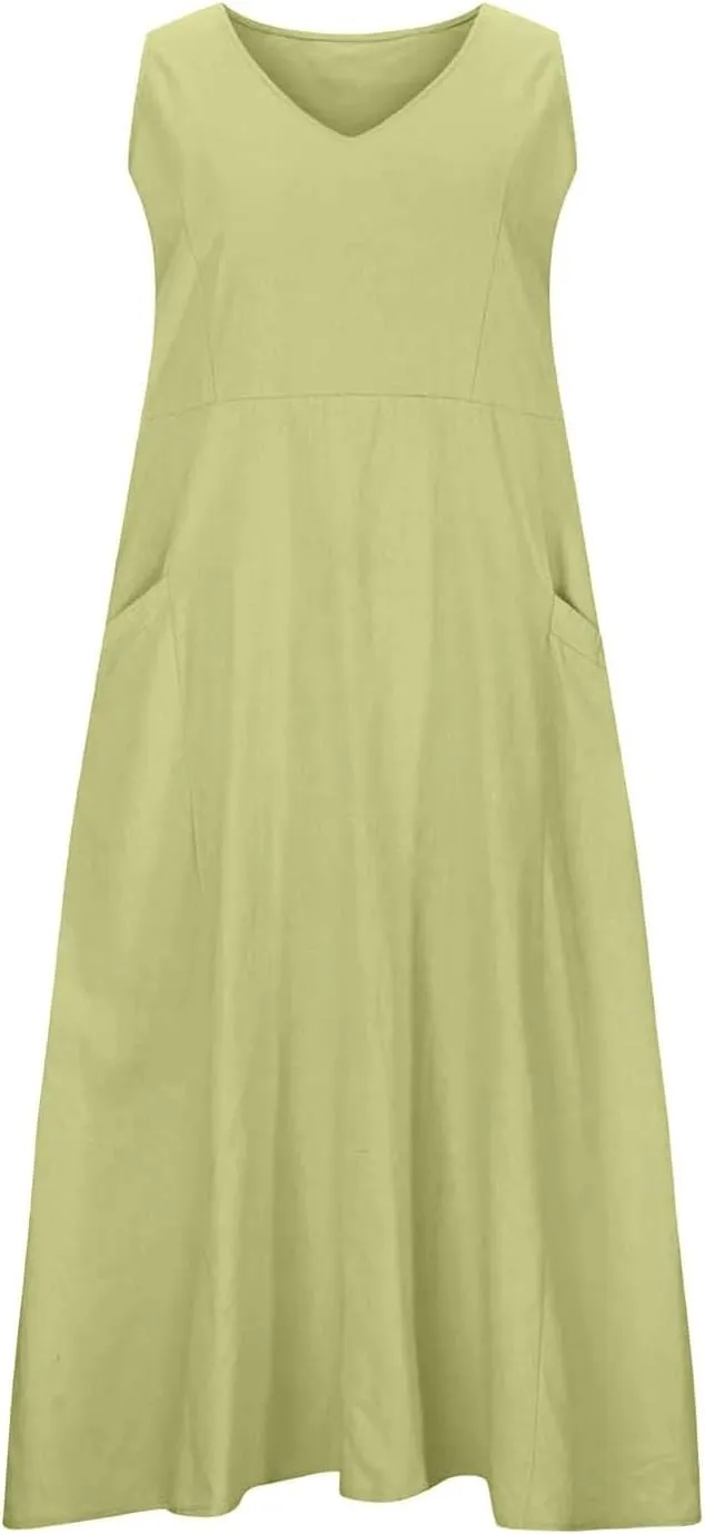 Women's Summer Cotton Linen Long Dress Sleeveless Elegant Flowy Dresses Plus Size Loose Comfy Dresses with Pockets