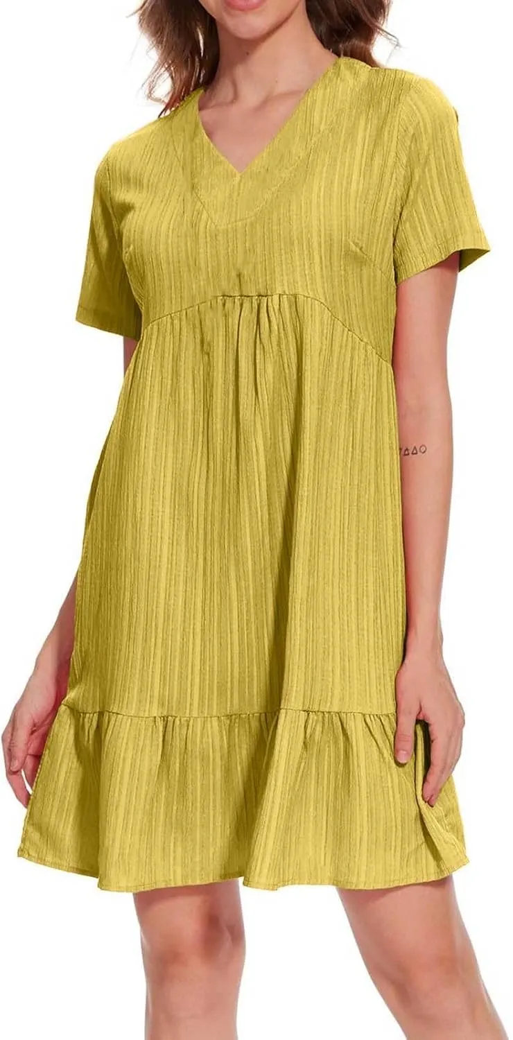 Women's Summer Dresses Casual Midi Swing Short Sleeve V Neck Tiered A Line Flowy Beach Dress Sundress 2025