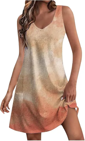 Womens Summer Dresses Loose V Neck Sleeveless Comfy Beach Dress with Pockets Floral Printed 2025 Fashion Sundresses