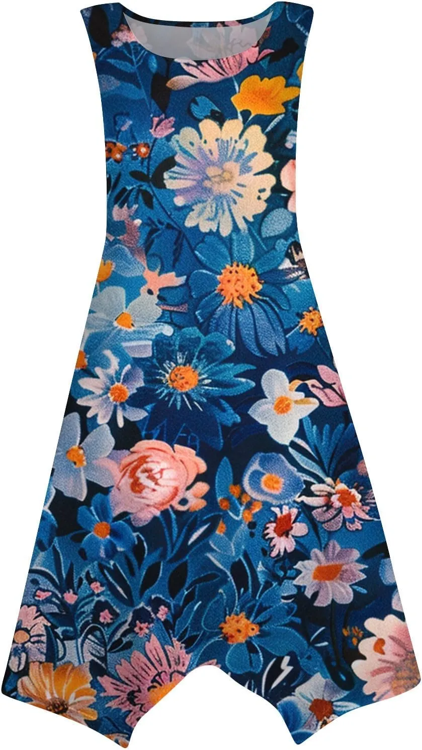 Womens Summer Dresses Summer Casual Floral Sleeveless Dress Flowy Hankerchief Hem Sundresses Beach Midi Tank Dresses