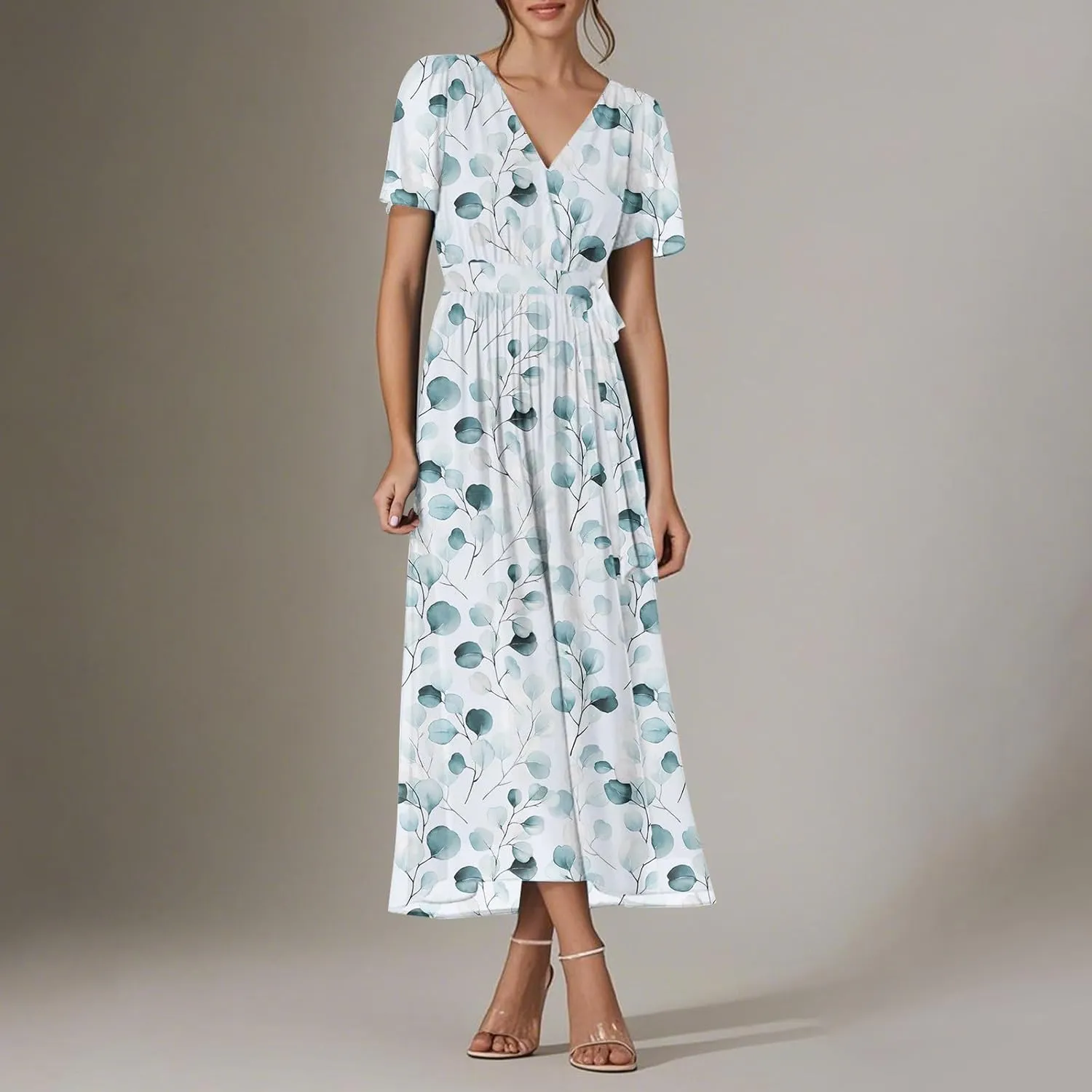 Womens Summer Floral Maxi Dress Casual Chiffon V Neck Short Sleeve Flowy Beach Wedding Guest Trendy Long Dresses