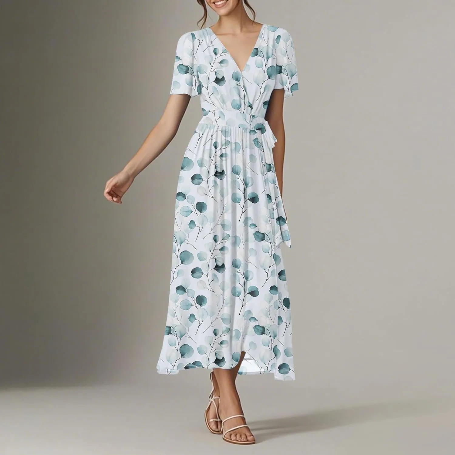 Womens Summer Floral Maxi Dress Casual Chiffon V Neck Short Sleeve Flowy Beach Wedding Guest Trendy Long Dresses