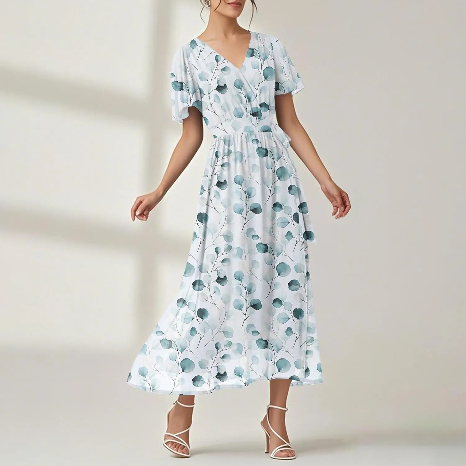 Womens Summer Floral Maxi Dress Casual Chiffon V Neck Short Sleeve Flowy Beach Wedding Guest Trendy Long Dresses