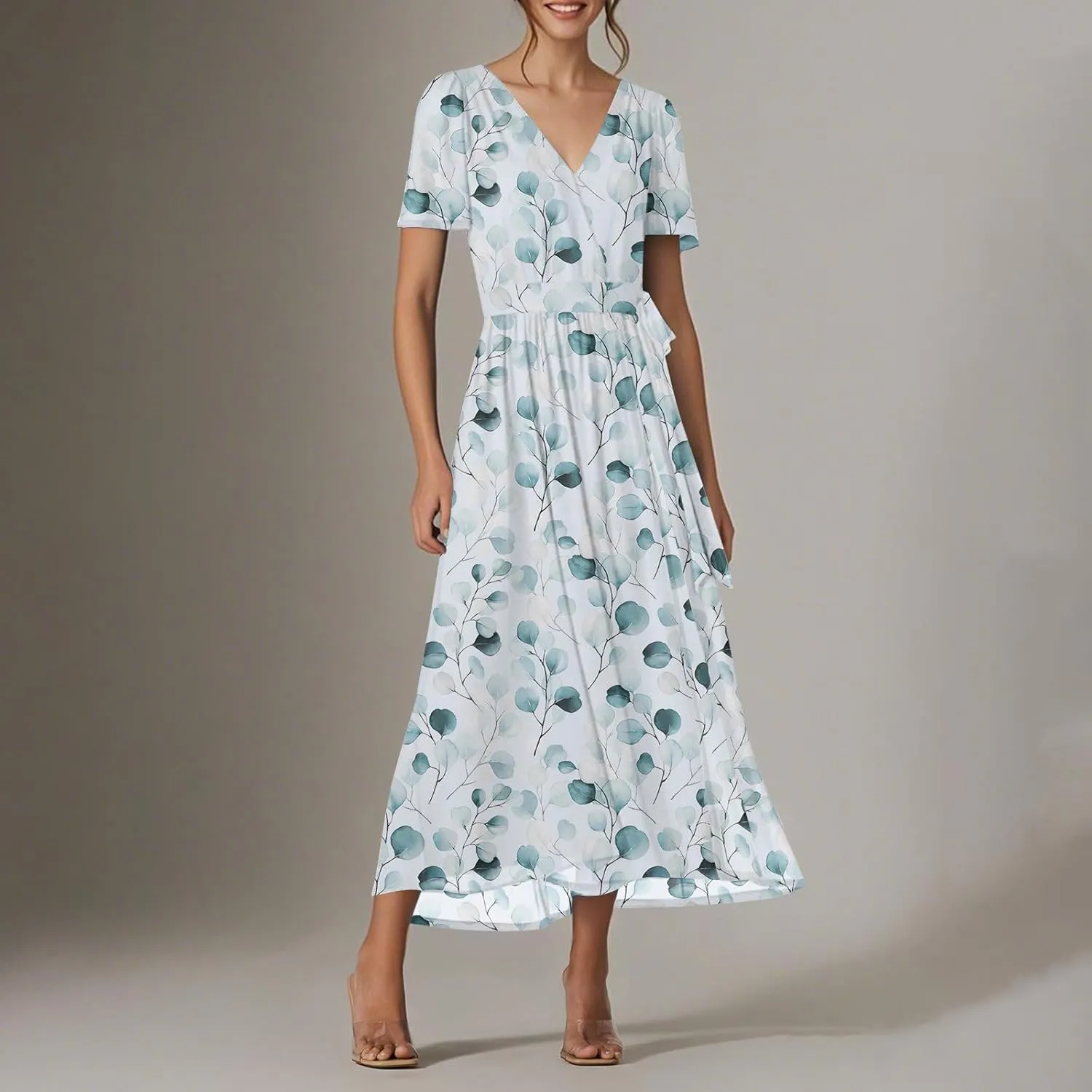 Womens Summer Floral Maxi Dress Casual Chiffon V Neck Short Sleeve Flowy Beach Wedding Guest Trendy Long Dresses