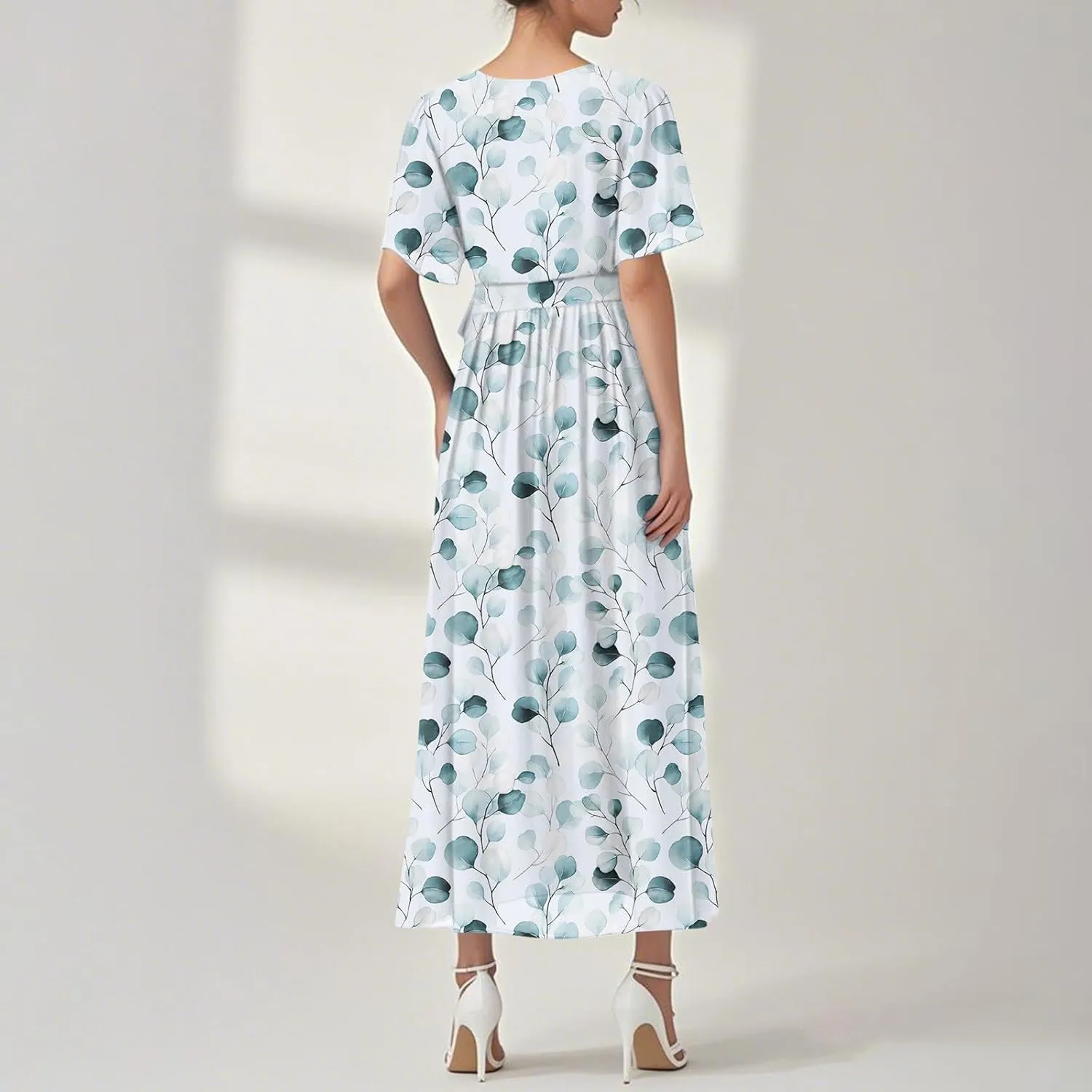 Womens Summer Floral Maxi Dress Casual Chiffon V Neck Short Sleeve Flowy Beach Wedding Guest Trendy Long Dresses