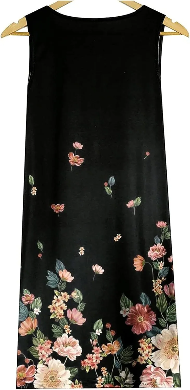 Women's Summer Floral Printed Tank Dress Sleeveless Hollow Out Boho Beach Dress Casual Loose Vacation Sundress