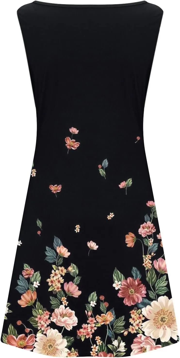 Women's Summer Floral Printed Tank Dress Sleeveless Hollow Out Boho Beach Dress Casual Loose Vacation Sundress