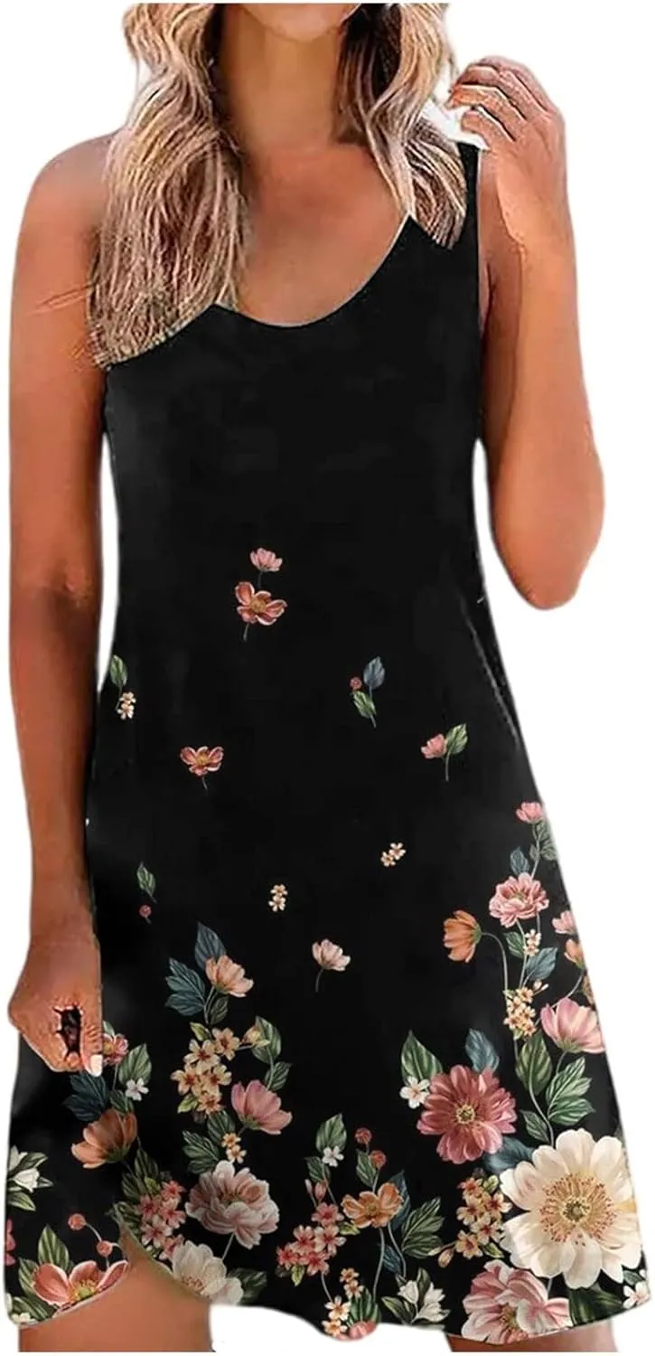 Women's Summer Floral Printed Tank Dress Sleeveless Hollow Out Boho Beach Dress Casual Loose Vacation Sundress