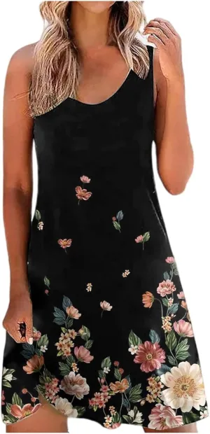 Women's Summer Floral Printed Tank Dress Sleeveless Hollow Out Boho Beach Dress Casual Loose Vacation Sundress