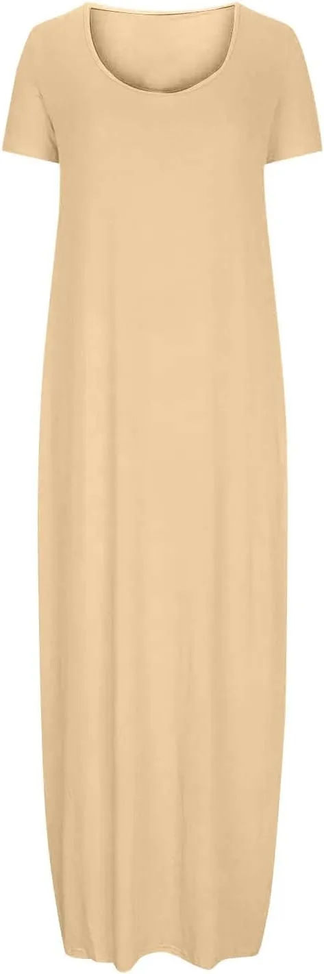 Womens Summer Maxi Dresses Fashion Solid Color Cap Sleeves Crewneck Plus Size Loose Comfy Long Beach Sundress